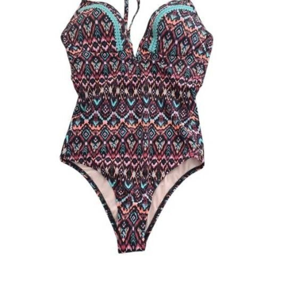 Shade & Shore Women's Size 32C Purple Teal Plunge Open Back One Piece Swimsuit